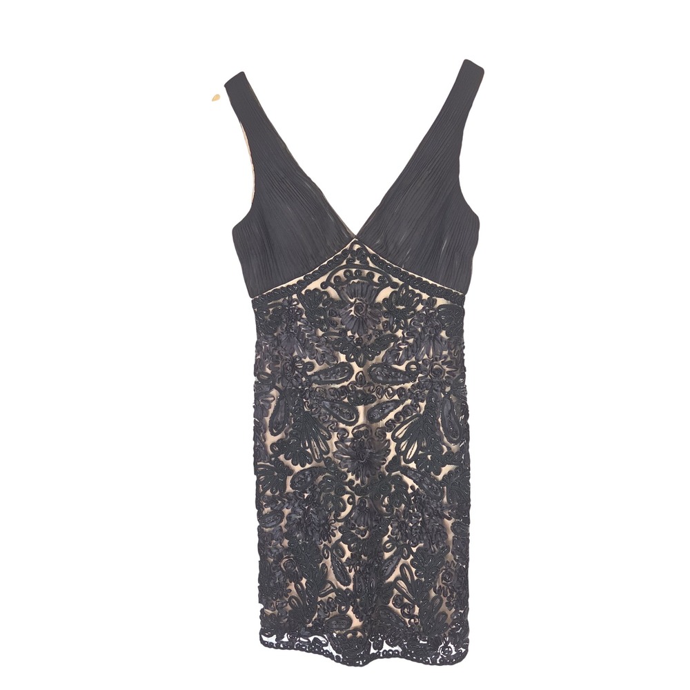 Sue Wong Nocturne Black Lace Ribbon Beaded Cocktail Dress Champagne Lining 6